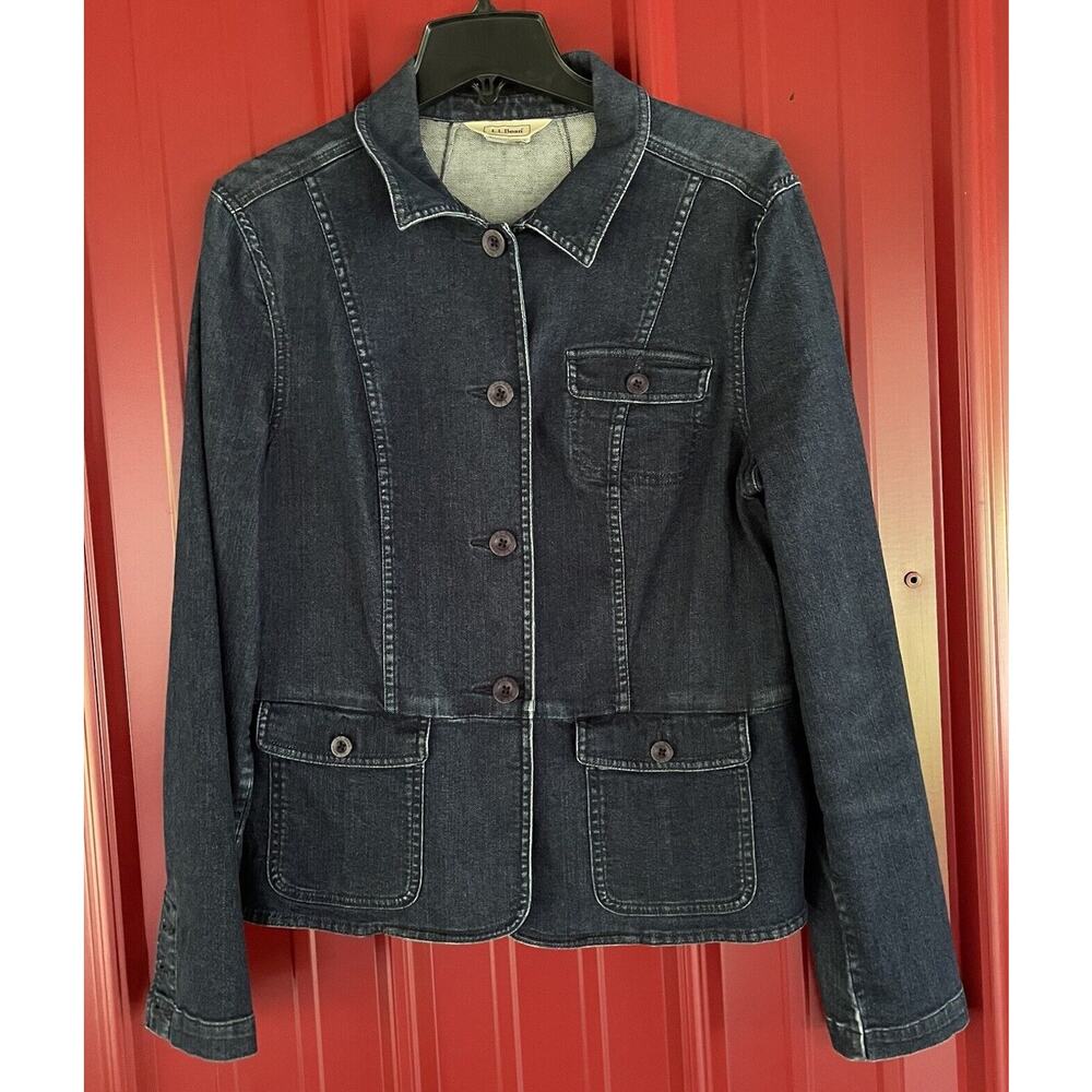 LL Bean Jacket Denim Jean Button Up Dark Wash Womens Medium